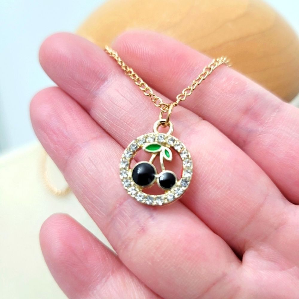 2/$20 Brand New Gold Tone Cherry Rhinestone Necklace